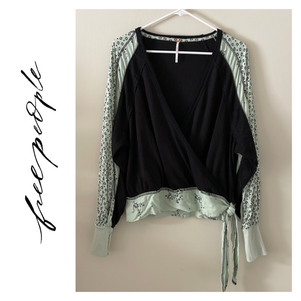 Free People Black Wrap Top with Mint Floral Raglan Sleeves